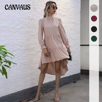 Весенне-осеннее женское платье, модные женские однотонные платья с длинным рукавом и нерегулярной половиной с высоким воротом S хаки