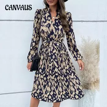 Весенне-осеннее женское платье. Модные женские плиссированные платья с длинными рукавами и принтом. S темно-синий