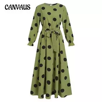 Весенне-осеннее женское платье мусульманская коллекция в горошек с длинным рукавом и свободным подолом S чёрный