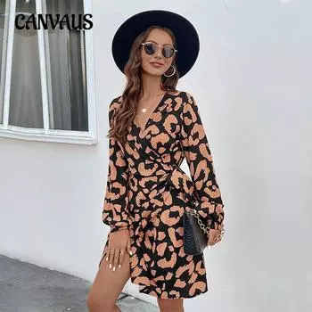 Весенне-осеннее женское платье, нерегулярная юбка, темперамент, элегантное цельное платье с v-образным вырезом S коричневый