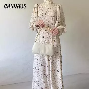 Весенне-осеннее женское платье Нежный ветер Свободные платья с цветочным принтом Длинные платья с длинными рукавами S