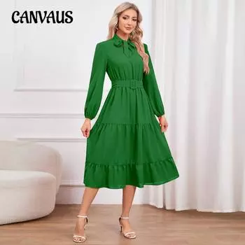 Весенне-осеннее женское платье, однотонное, элегантное, тонкое, темпераментное, со шнуровкой, воротником, платья S зелёный