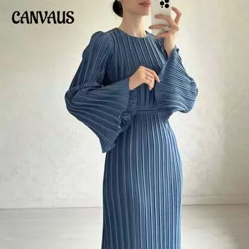 Весенне-осеннее женское платье, однотонное длинное платье, темпераментное платье миди со складками и расклешенными рукавами S слоновая кость