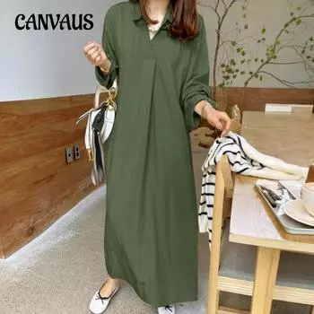 Весенне-осеннее женское платье, однотонное, хлопковое и льняное с лацканами, с длинным рукавом, простое, темпераментное, свободное, повседневное, длинное, больших размеров, платья