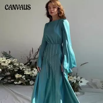 Весенне-осеннее женское платье, однотонное платье с галстуком и бриллиантами на талии, тонкие расклешенные рукава, большие свободные платья S