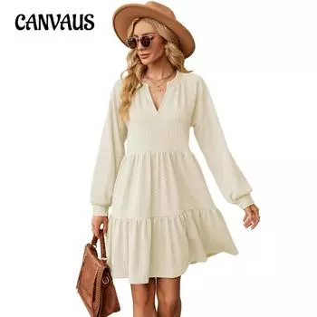 Весенне-осеннее женское платье, однотонное, с v-образным вырезом, свободные плиссированные платья с длинными рукавами S чёрный