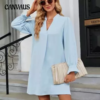 Весенне-осеннее женское платье, однотонное, с v-образным вырезом, свободные платья с длинными рукавами и рюшами S чёрный