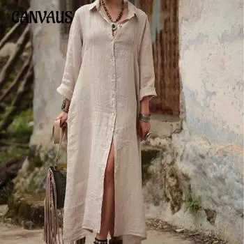 Весенне-осеннее женское платье, однотонное, с воротником-стойкой, с длинным рукавом, темпераментное, элегантное, простое, свободное, модное, длинное, хлопковое, льняное платье S армия зеленый