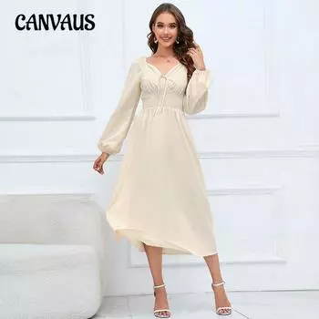 Весенне-осеннее женское платье, однотонное, с v-образным вырезом, тонкое, темпераментное, с длинными рукавами, длинные платья S абрикосовый