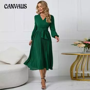 Весенне-осеннее женское платье, однотонное, с длинным рукавом, тонкое, темпераментное, элегантное, плиссированное, с v-образным вырезом и поясом, платья S чёрный