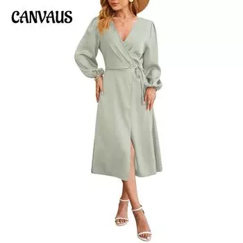 Весенне-осеннее женское платье, однотонное сексуальное платье с v-образным вырезом и разрезом подол S сапфировый