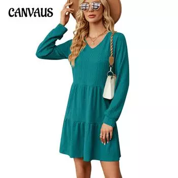 Весенне-осеннее женское платье, однотонное свободное платье с v-образным вырезом и длинными рукавами, платья трапециевидной формы S чёрный