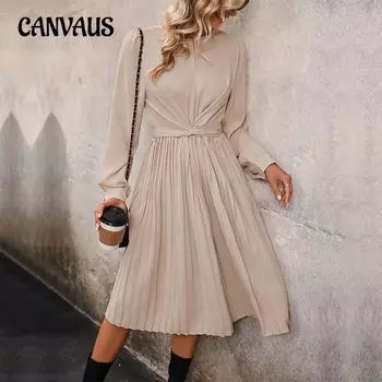 Весенне-осеннее женское платье, однотонное, темпераментное, элегантное, с длинными рукавами, плиссированные платья S абрикосовый