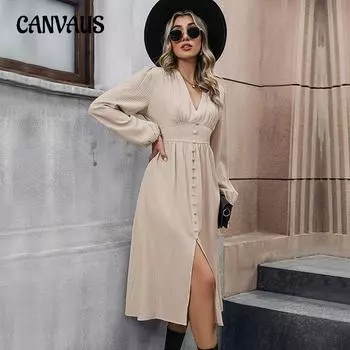 Весенне-осеннее женское платье, однотонное, темпераментное, с длинными рукавами, элегантное платье с разрезом S абрикосовый