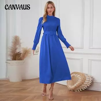 Весенне-осеннее женское платье, однотонное, тонкий воротник-стойка, узкие темпераментные платья средней длины S чёрный