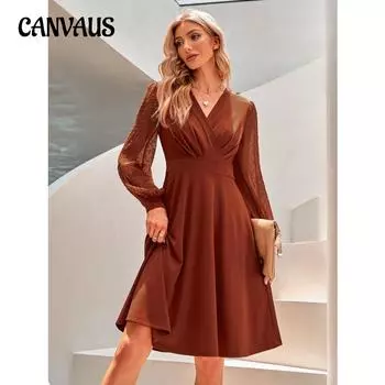 Весенне-осеннее женское платье, однотонное трендовое жаккардовое платье с длинным рукавом и v-образным вырезом S чёрный