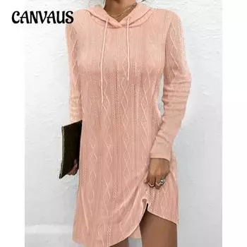Весенне-осеннее женское платье, однотонное вязаное платье с пуловером и капюшоном с длинными рукавами S розовый