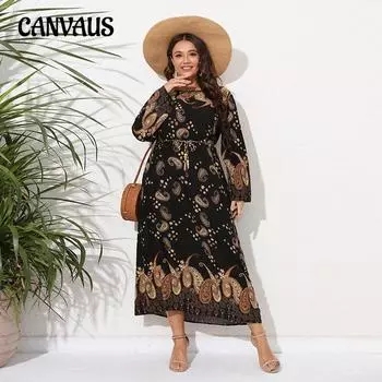 Весенне-осеннее женское платье. Платье больших размеров с длинными рукавами. Свободное и тонкое платье с принтом. 1XL