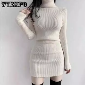 Весенне-осеннее женское платье, плиссированное сексуальное платье с высоким воротом, короткое платье с длинными рукавами и талией