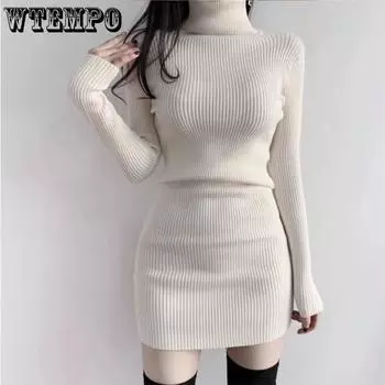 Весенне-осеннее женское платье, плиссированное сексуальное платье с высоким воротом, короткое платье с длинными рукавами и талией S чёрный