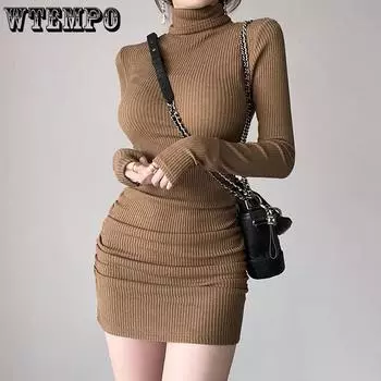 Весенне-осеннее женское платье, плиссированное сексуальное платье с высоким воротом, короткое платье с длинными рукавами и талией S хаки