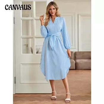 Весенне-осеннее женское платье, повседневное платье-рубашка с v-образным вырезом в полоску и завязкой на талии, с длинным рукавом S синий
