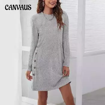 Весенне-осеннее женское платье, повседневные платья свободной формы с круглым вырезом и длинными рукавами S розовый