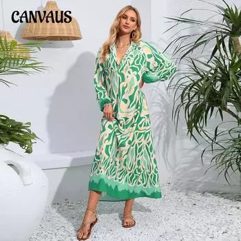 Весенне-осеннее женское платье-пуловер с V-образным вырезом, сексуальное платье-халат с длинным рукавом и принтом S зелёный