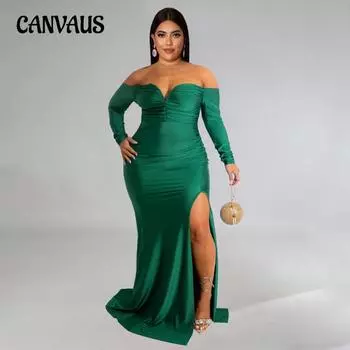 Весенне-осеннее женское платье размера плюс, сексуальное платье с v-образным вырезом, торжественное платье, однотонное длинное платье с разрезом L зелёный