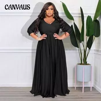 Весенне-осеннее женское платье размера плюс с рукавом три четверти, однотонное платье с v-образным вырезом, длинные платья L чёрный