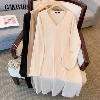 Весенне-осеннее женское платье размера плюс с v-образным вырезом и длинными рукавами, драпированная трикотажная юбка