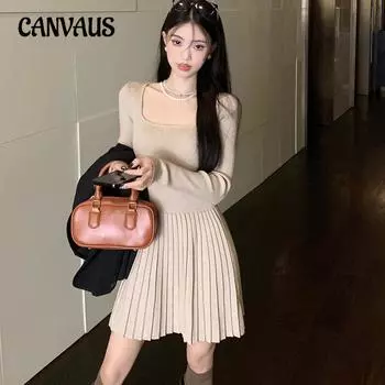 Весенне-осеннее женское платье размера плюс, темпераментное трикотажное платье с квадратным вырезом, платья с тонкой талией и низом L чёрный