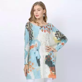 Весенне-осеннее женское платье размера плюс с одним лацканом, свободный пуловер с принтом, свитер средней длины One Size белый