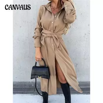 Весенне-осеннее женское платье-рубашка, длинное платье, однотонный кардиган, большое свободное платье с длинными рукавами