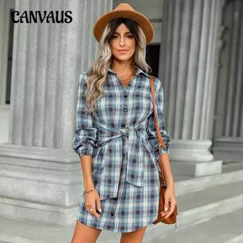 Весенне-осеннее женское платье-рубашка, модные клетчатые платья с завязкой на талии S синий