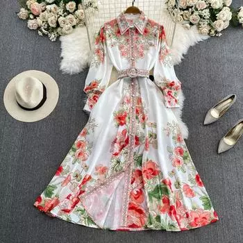 Весенне-осеннее женское платье-рубашка с отворотом и принтом, модное длинное макси, однобортное праздничное пляжное платье S белый