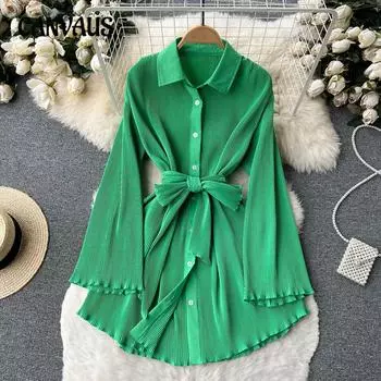 Весенне-осеннее женское платье-рубашка в стиле ретро с расклешенными рукавами и лацканами средней длины M зелёный