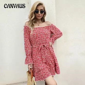 Весенне-осеннее женское платье с цветочным принтом и длинными рукавами без бретелек, платья на одно плечо S бордовый