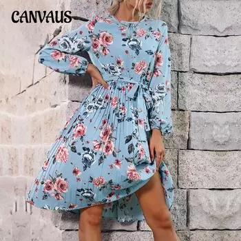 Весенне-осеннее женское платье с цветочным принтом и длинными рукавами, элегантная плиссированная юбка S синий