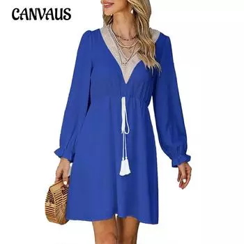 Весенне-осеннее женское платье с длинным рукавом и кружевным поясом с кисточками S абрикосовый