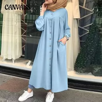 Весенне-осеннее женское платье с длинным рукавом плюс размер с круглым вырезом и карманами, повседневные платья-рубашки S зелёный