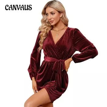 Весенне-осеннее женское платье с длинным рукавом и запахом, бархатные платья с длинными рукавами, сексуальные платья S бордовый