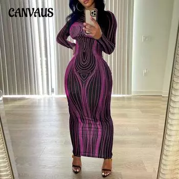 Весенне-осеннее женское платье с длинным рукавом и круглым вырезом, модное платье с тонким бедрами и принтом XS чёрный