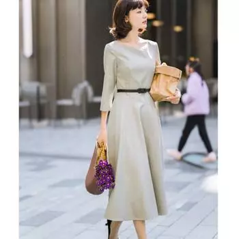 Весенне-осеннее женское платье с длинным рукавом и круглым вырезом в винтажном стиле с воздушным низом S темно-синий