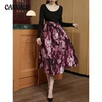 Весенне-осеннее женское платье с длинным рукавом и U-образным вырезом, элегантное платье с принтом S бордовый