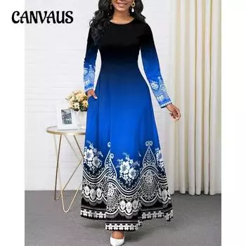 Весенне-осеннее женское платье с длинными рукавами и круглым вырезом с принтом, длинные платья S фиолетовый