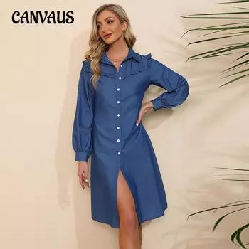 Весенне-осеннее женское платье с лацканами и деревянными ушками сбоку, однотонное джинсовое платье с длинными рукавами S синий