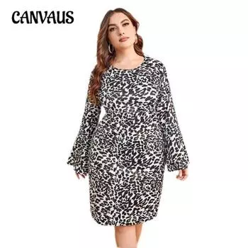 Весенне-осеннее женское платье с леопардовым принтом, расклешенными рукавами, круглым вырезом, длинными рукавами, платья больших размеров XL