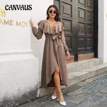 Весенне-осеннее женское платье с оборками, V-образным вырезом и длинными рукавами, длинное платье-халат с разрезом S чёрный