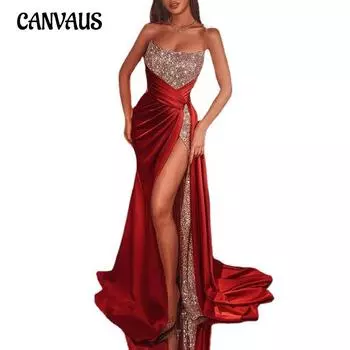 Весенне-осеннее женское платье с пайетками и разрезом, длинное платье, сексуальные платья без бретелек с глубоким вырезом и глубоким вырезом, вечерние платья